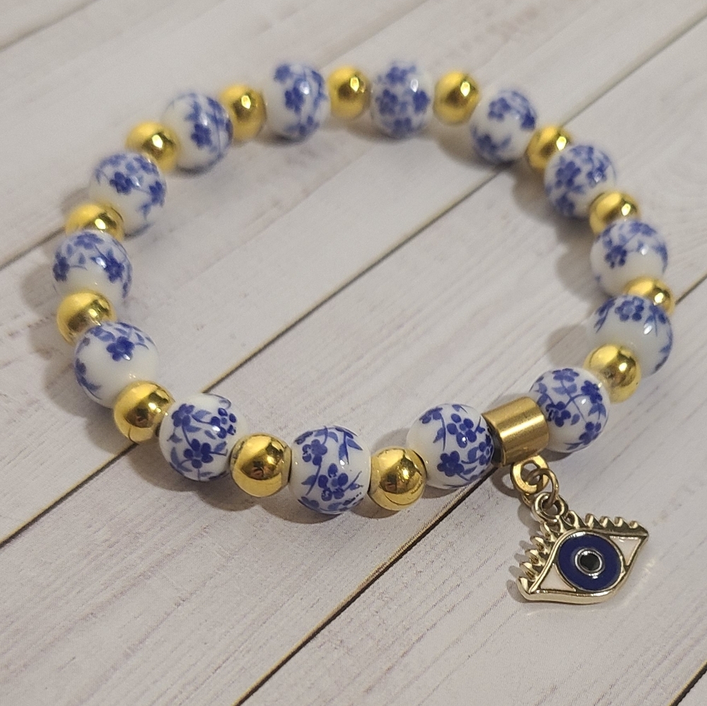 Ceramic Blue Floral Print Bead with Evil Eye Charm Stretch Bracelet